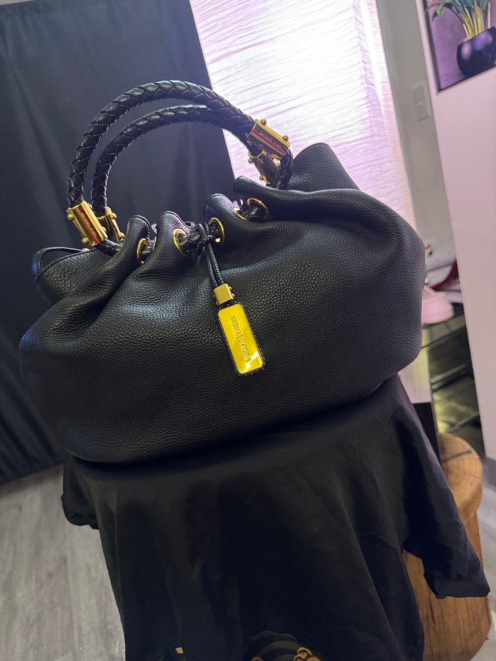 Michael Kors Collection Black Leather Drawstring Hobo with Gold Hardware